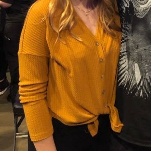 Long sleeve knit shirt with tie front - mustard color, size medium